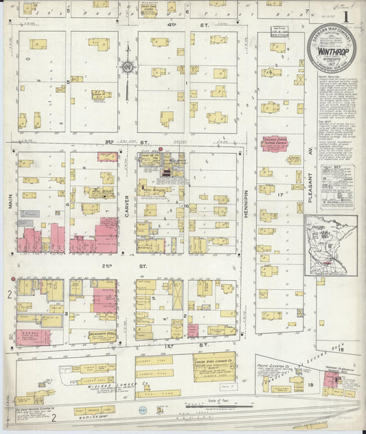 Sanborn Fire Insurance Map from Winthrop, Sibley County, Minnesota (1917), Sheet #0001 - Historic Sanborn Fire Insurance Map Print, vintage old map wall art, antique decor, genealogy gift, Minnesota Minnesota map