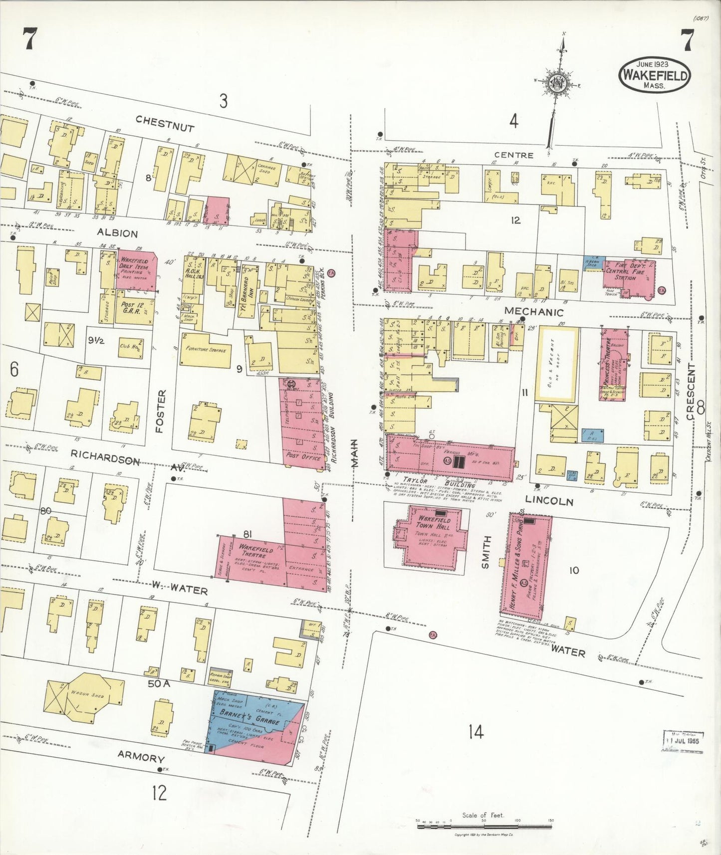 Sanborn Fire Insurance Map from Wakefield, Middlesex County, Massachusetts (1923), Sheet #0007 - Complete Map Set gallery image, historic Sanborn map, vintage wall art, Massachusetts Massachusetts