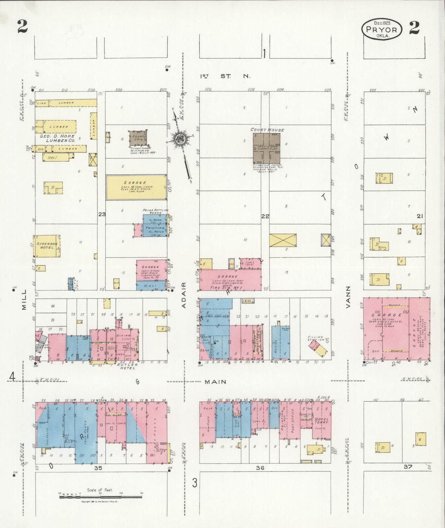 Sanborn Fire Insurance Map from Pryor Creek, Mayes County, Oklahoma (1925), Sheet #0002 - Complete Map Set gallery image, historic Sanborn map, vintage wall art, Oklahoma Oklahoma