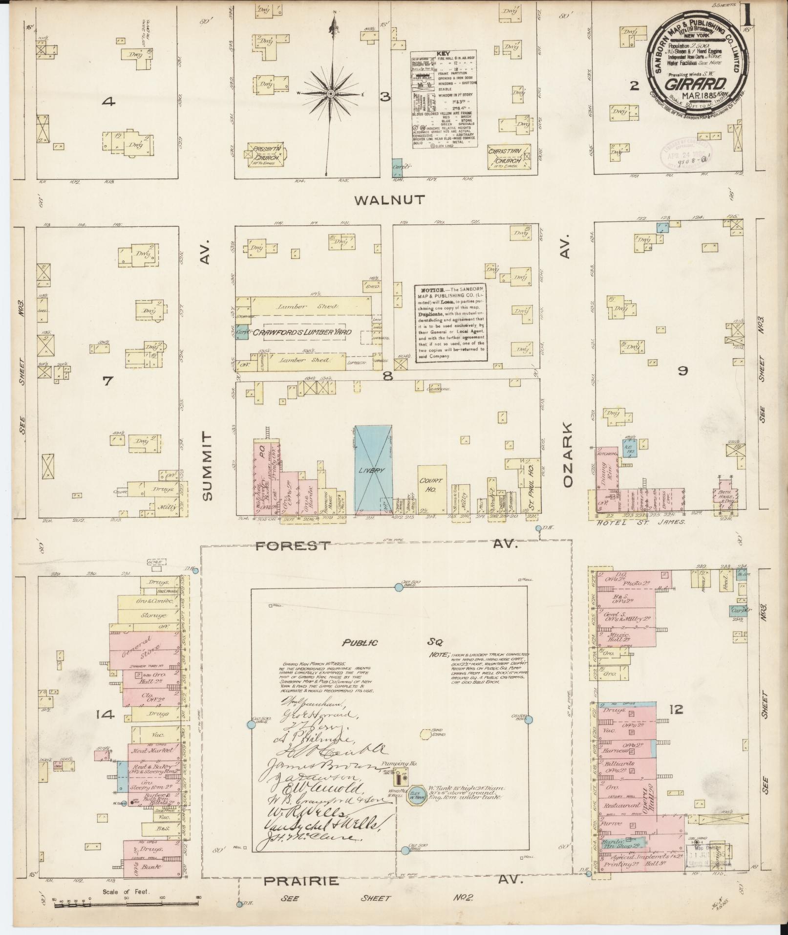 Sanborn Fire Insurance Map from Girard, Crawford County, Kansas (1885), Sheet #0001 - Complete Map Set gallery image, historic Sanborn map, vintage wall art, Kansas Kansas
