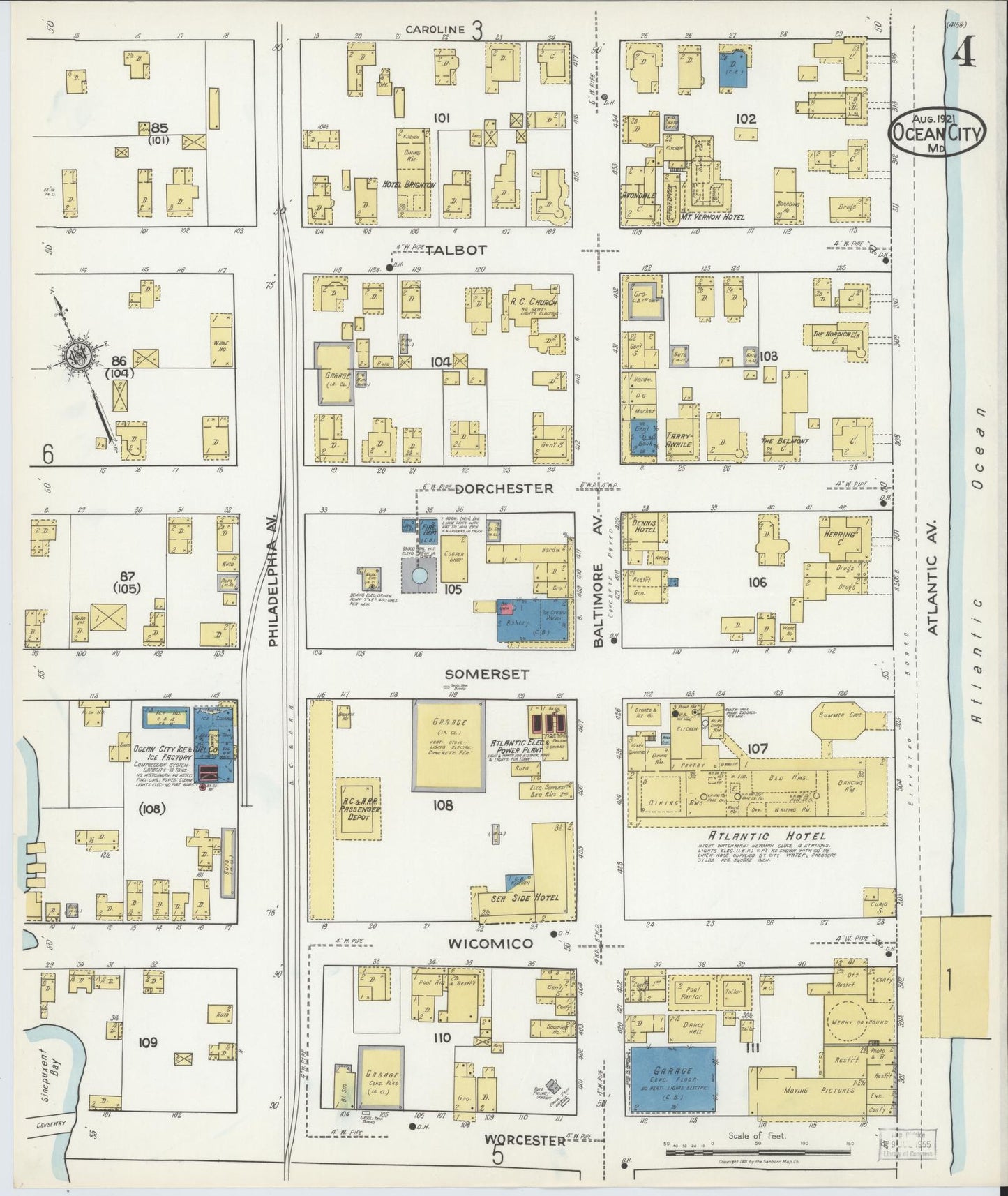 Sanborn Fire Insurance Map from Ocean City, Worcester County, Maryland (1921), Sheet #0004 - Complete Map Set gallery image, historic Sanborn map, vintage wall art, Maryland Maryland