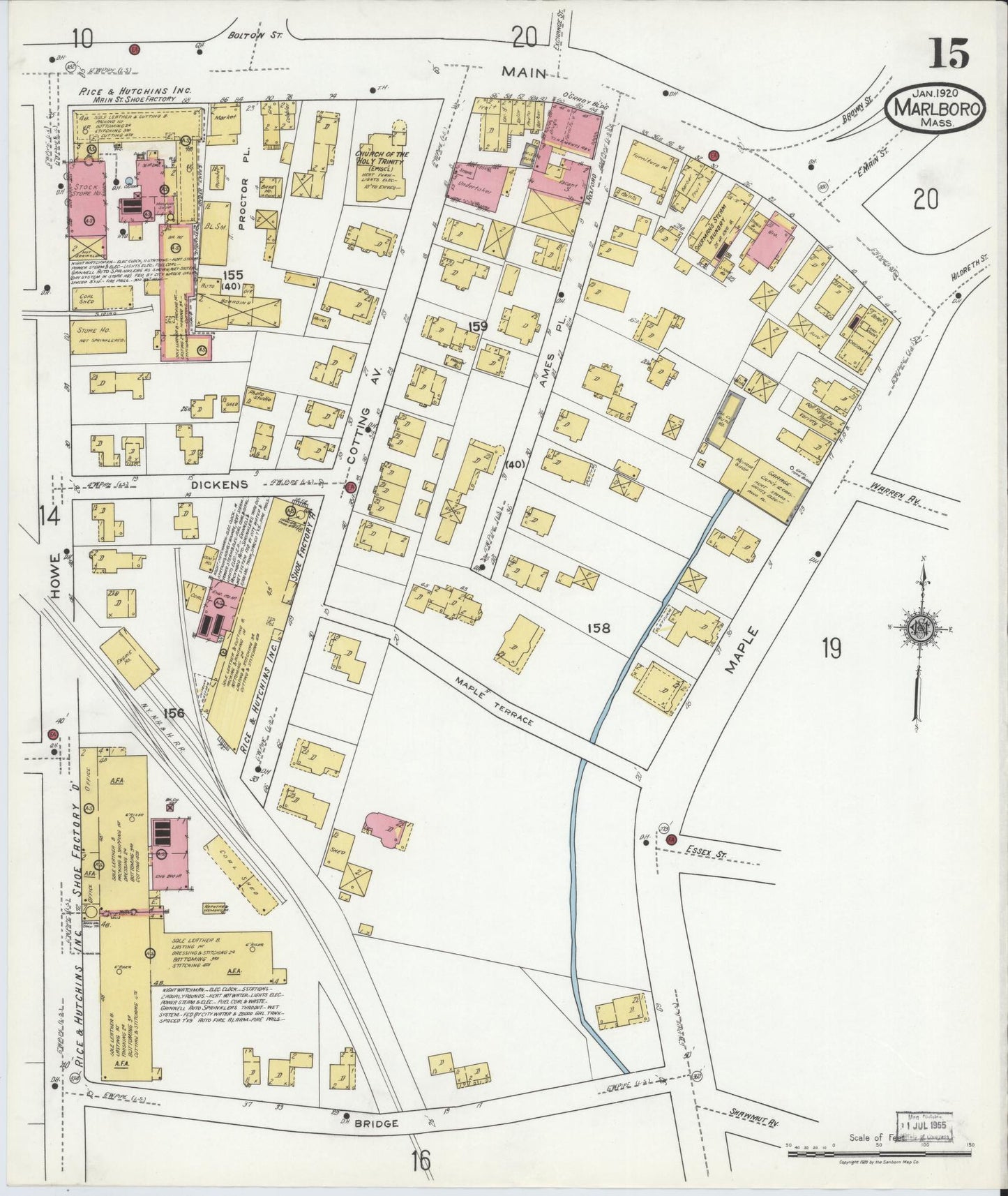 Sanborn Fire Insurance Map from Marlborough, Middlesex County, Massachusetts (1920), Sheet #0015 - Historic Sanborn Fire Insurance Map Print, vintage old map wall art, antique decor, genealogy gift, Massachusetts Massachusetts map