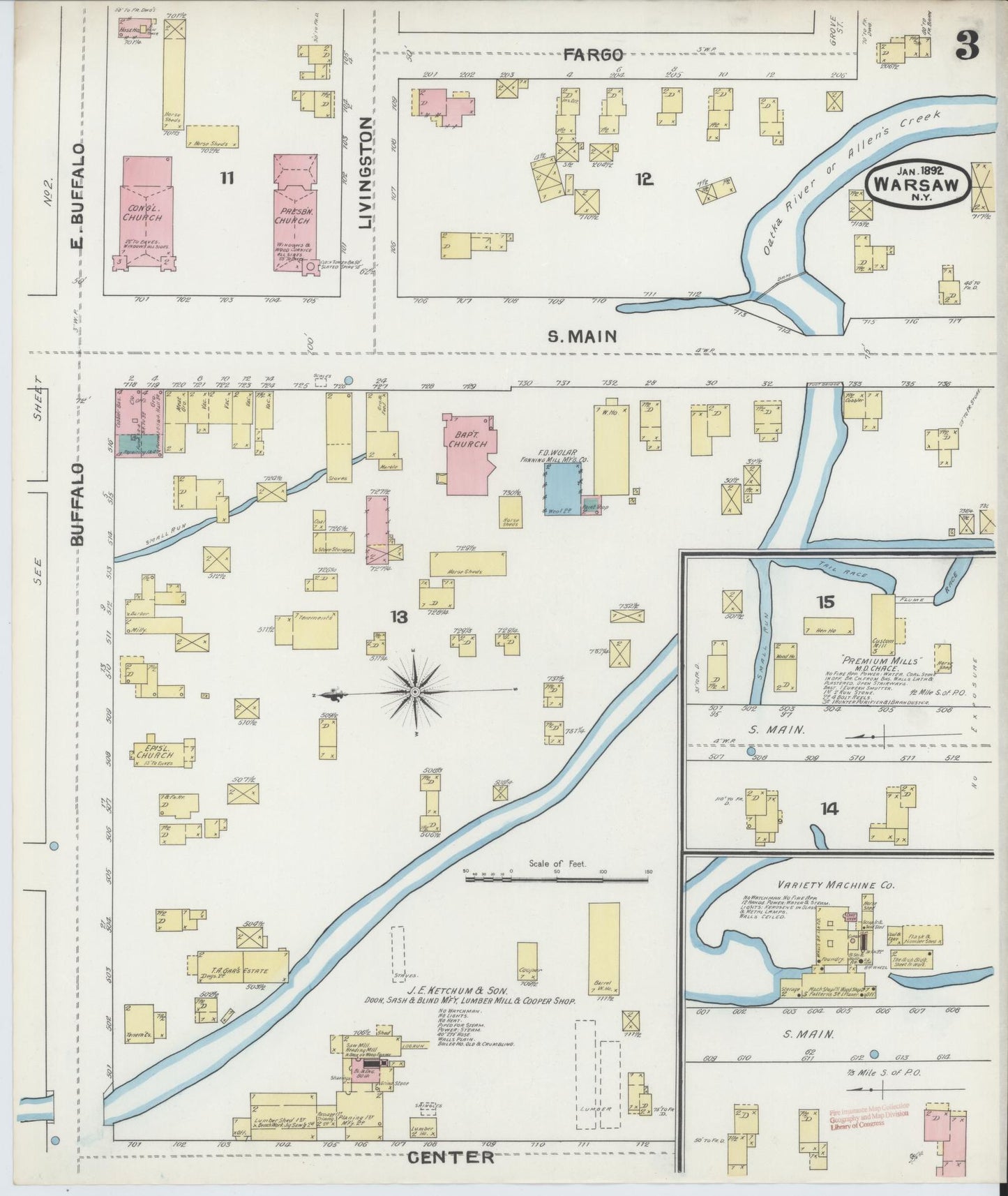 Sanborn Fire Insurance Map from Warsaw, Wyoming County, New York (1892), Sheet #0003 - Complete Map Set gallery image, historic Sanborn map, vintage wall art, Warsaw Wyoming