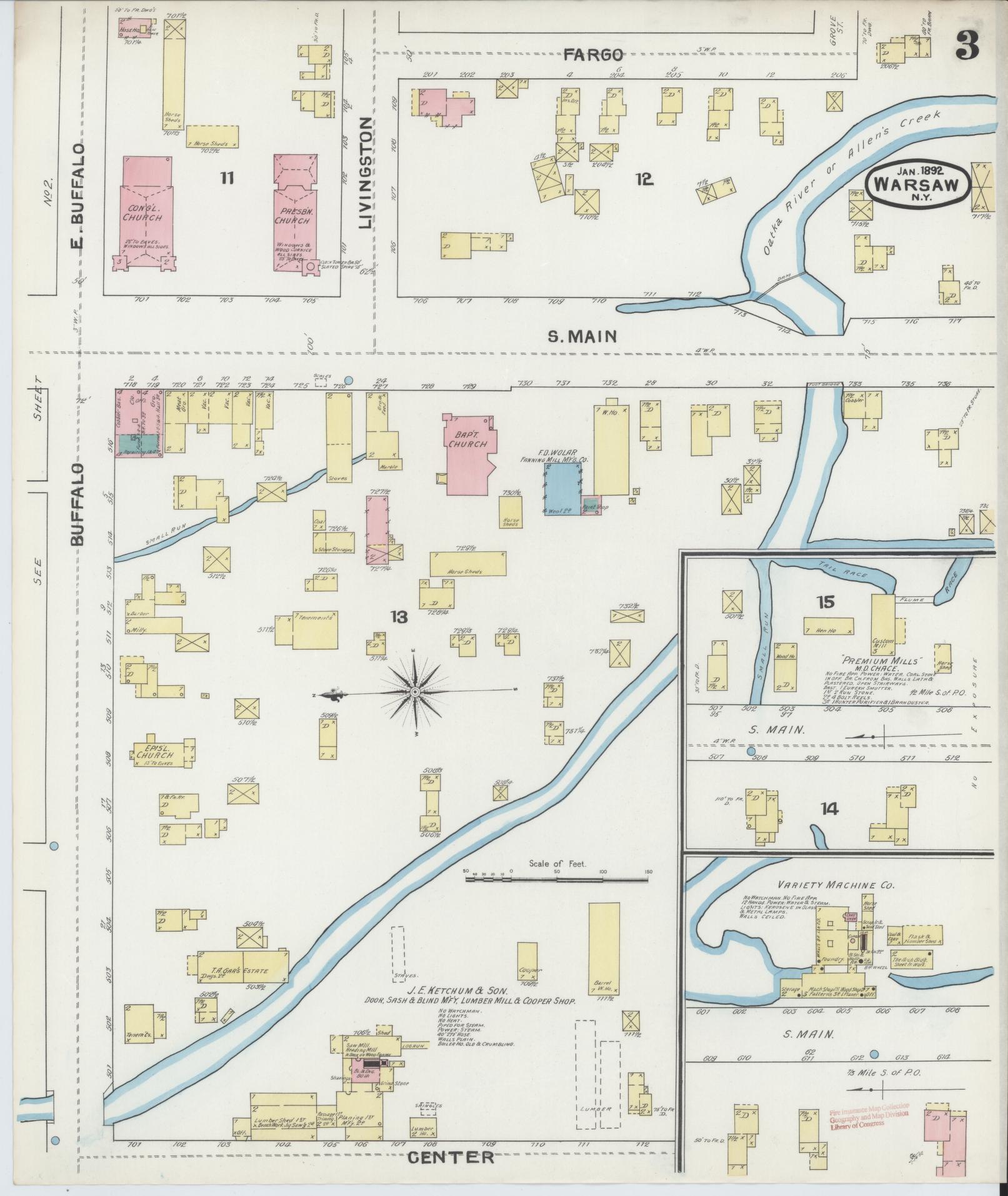 Sanborn Fire Insurance Map from Warsaw, Wyoming County, New York (1892), Sheet #0003 - Complete Map Set gallery image, historic Sanborn map, vintage wall art, Warsaw Wyoming