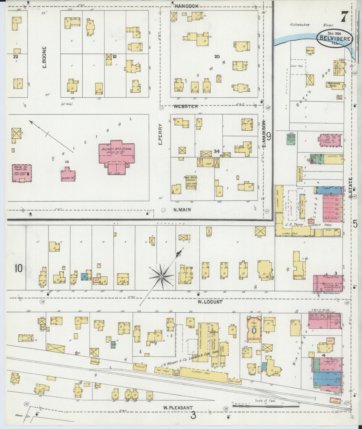 Sanborn Fire Insurance Map from Belvidere, Boone County, Illinois (1904), Sheet #0007 - Historic Sanborn Fire Insurance Map Print, vintage old map wall art, antique decor, genealogy gift, Illinois Illinois map