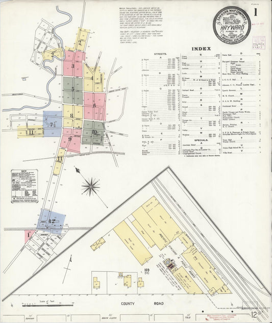 Sanborn Fire Insurance Map from Hayward, Alameda County, California (1907), Sheet #0001 - Historic Sanborn Fire Insurance Map Print, vintage old map wall art, antique decor, genealogy gift, California California map
