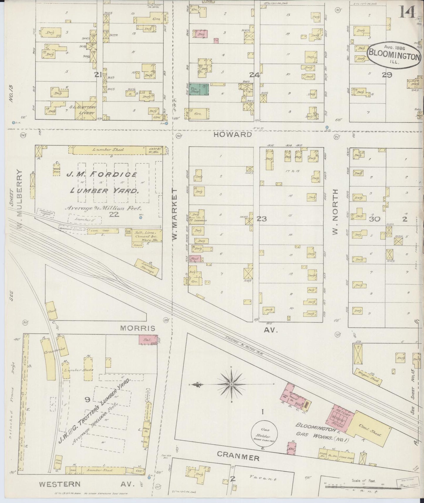 Sanborn Fire Insurance Map from Bloomington, McLean County, Illinois (1886), Sheet #0014 - Complete Map Set gallery image, historic Sanborn map, vintage wall art, Illinois Illinois