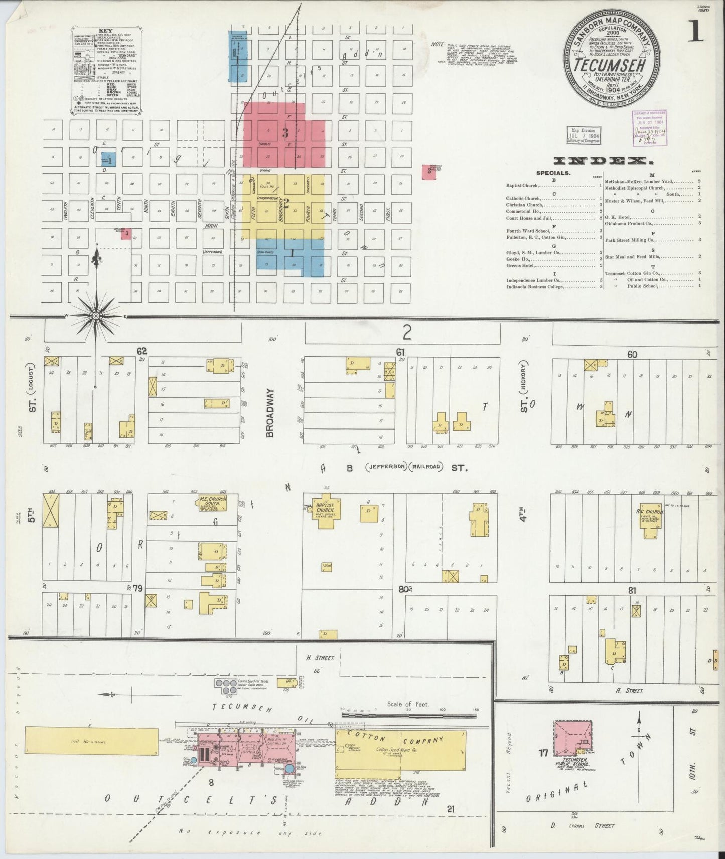 Sanborn Fire Insurance Map from Tecumseh, Pottawatomie County, Oklahoma (1904), Sheet #0001 - Historic Sanborn Fire Insurance Map Print, vintage old map wall art, antique decor, genealogy gift, Oklahoma Oklahoma map
