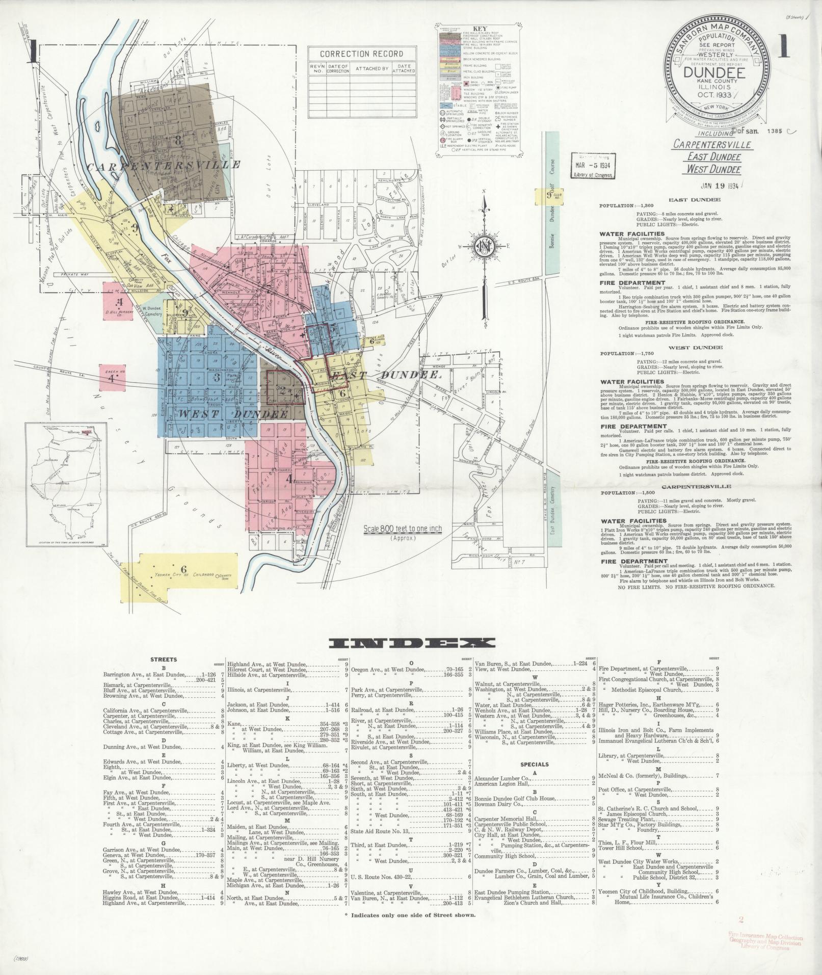 Sanborn Fire Insurance Map from Dundee, Kane County, Illinois (1933), Sheet #0001 - Historic Sanborn Fire Insurance Map Print, vintage old map wall art, antique decor, genealogy gift, Illinois Illinois map