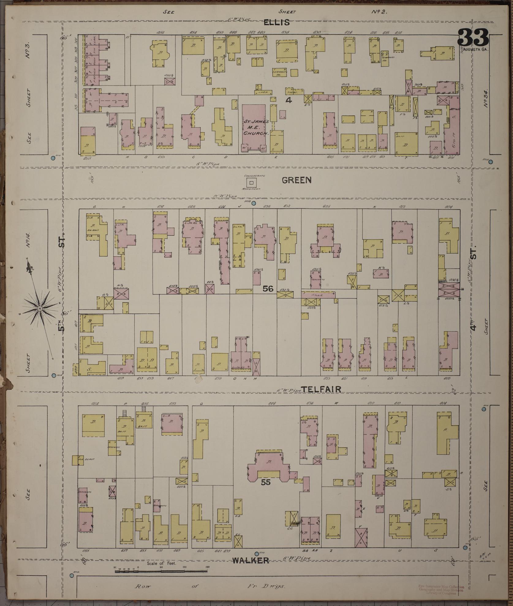 Sanborn Fire Insurance Map from Augusta, Richmond County, Georgia (1890), Sheet #0033 - Historic Sanborn Fire Insurance Map Print, vintage old map wall art, antique decor, genealogy gift, Georgia Georgia map