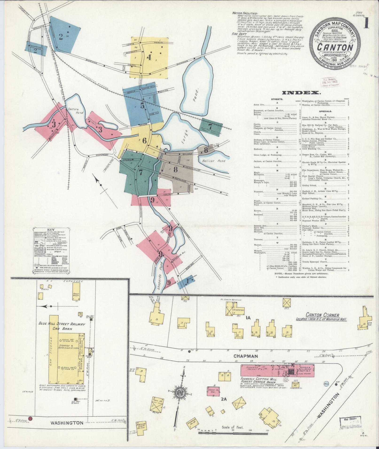 Sanborn Fire Insurance Map from Canton, Norfolk County, Massachusetts (1911), Sheet #0001 - Complete Map Set gallery image, historic Sanborn map, vintage wall art, Massachusetts Massachusetts