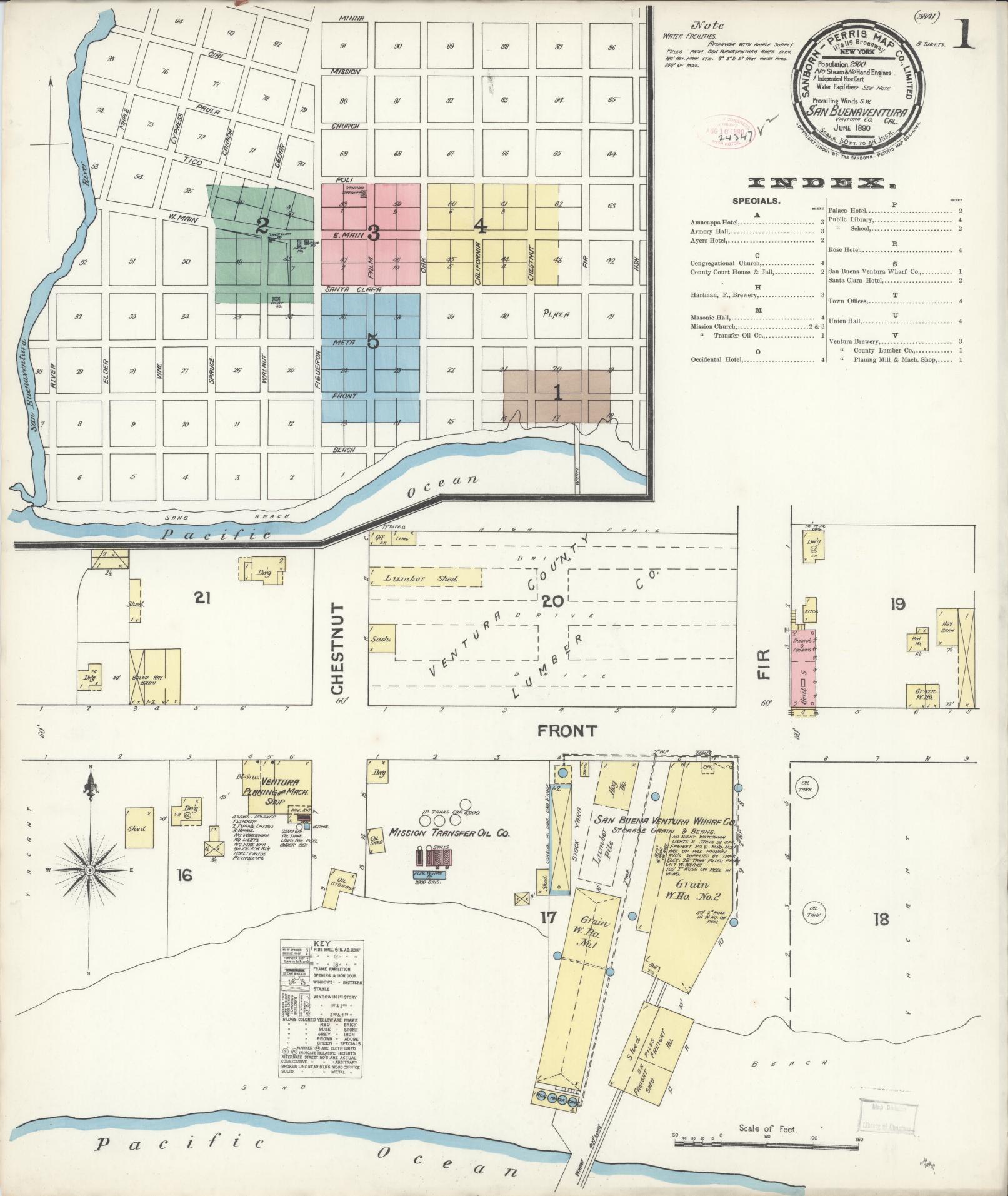 Sanborn Fire Insurance Map from San Buenaventura, Ventura County, California (1890), Sheet #0001 - Complete Map Set gallery image, historic Sanborn map, vintage wall art, California California