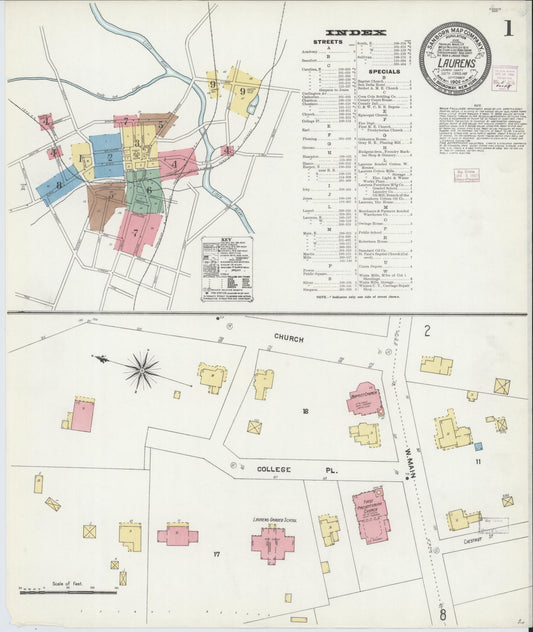 Sanborn Fire Insurance Map from Laurens, Laurens County, South Carolina (1906), Sheet #0001 - Complete Map Set gallery image, historic Sanborn map, vintage wall art, South Carolina South Carolina