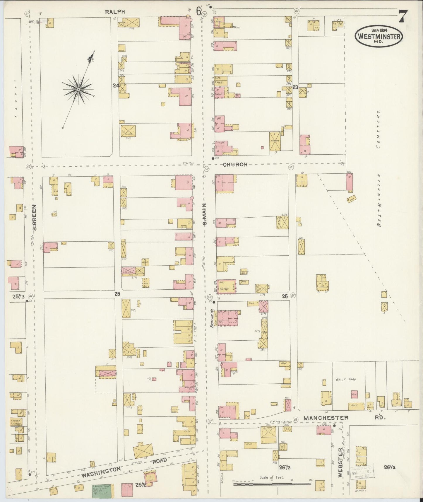 Sanborn Fire Insurance Map from Westminster, Carroll County, Maryland (1904), Sheet #0007 - Historic Sanborn Fire Insurance Map Print, vintage old map wall art, antique decor, genealogy gift, Maryland Maryland map
