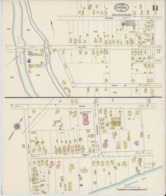 Sanborn Fire Insurance Map from Owego, Tioga County, New York (1915), Sheet #0014 - Historic Sanborn Fire Insurance Map Print, vintage old map wall art, antique decor, genealogy gift, New York New York map