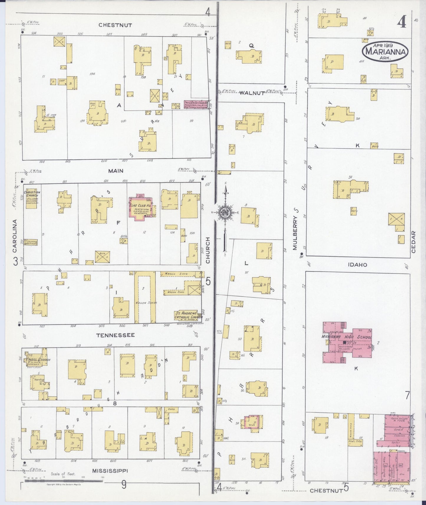 Sanborn Fire Insurance Map from Marianna, Lee County, Arkansas (1919), Sheet #0004 - Historic Sanborn Fire Insurance Map Print, vintage old map wall art, antique decor, genealogy gift, Arkansas Arkansas map
