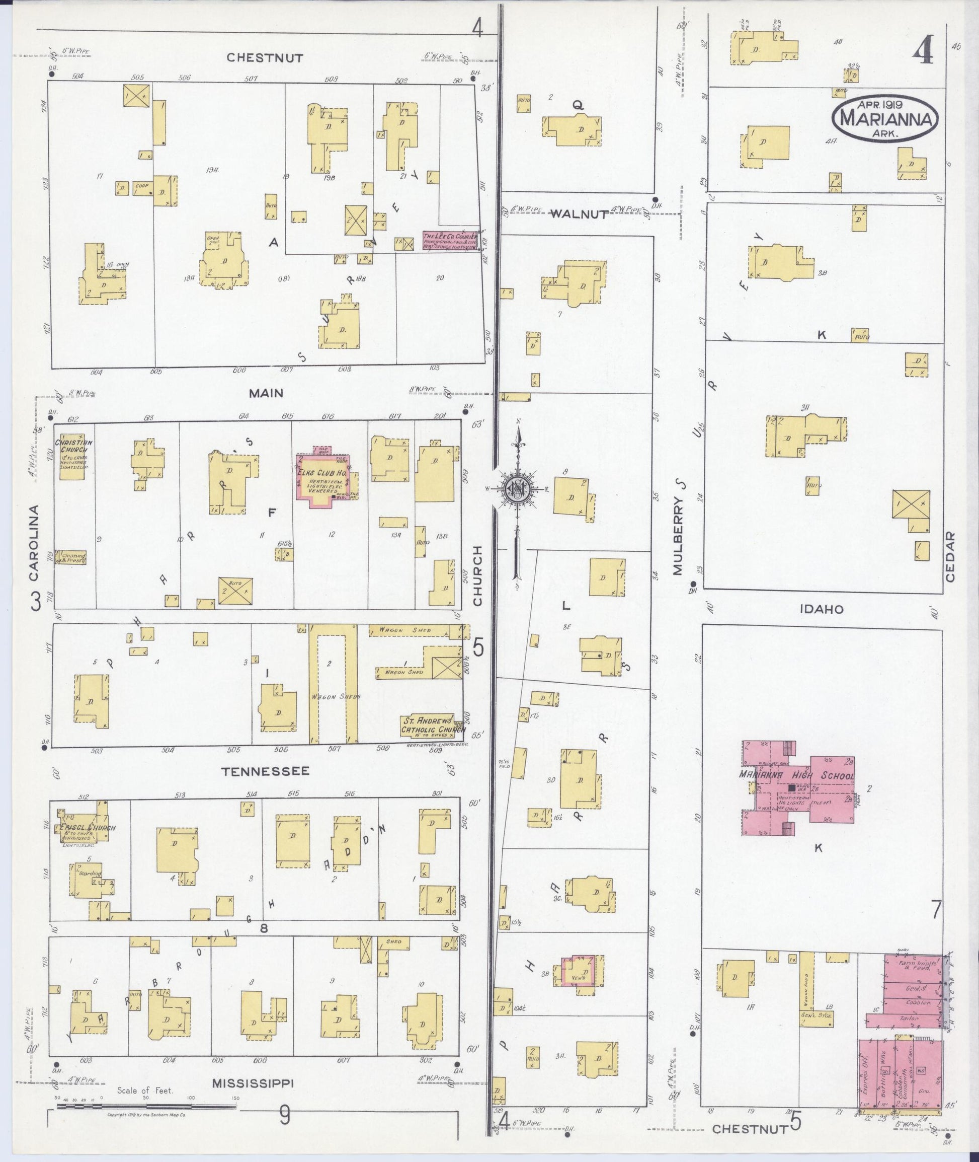 Sanborn Fire Insurance Map from Marianna, Lee County, Arkansas (1919), Sheet #0004 - Historic Sanborn Fire Insurance Map Print, vintage old map wall art, antique decor, genealogy gift, Arkansas Arkansas map