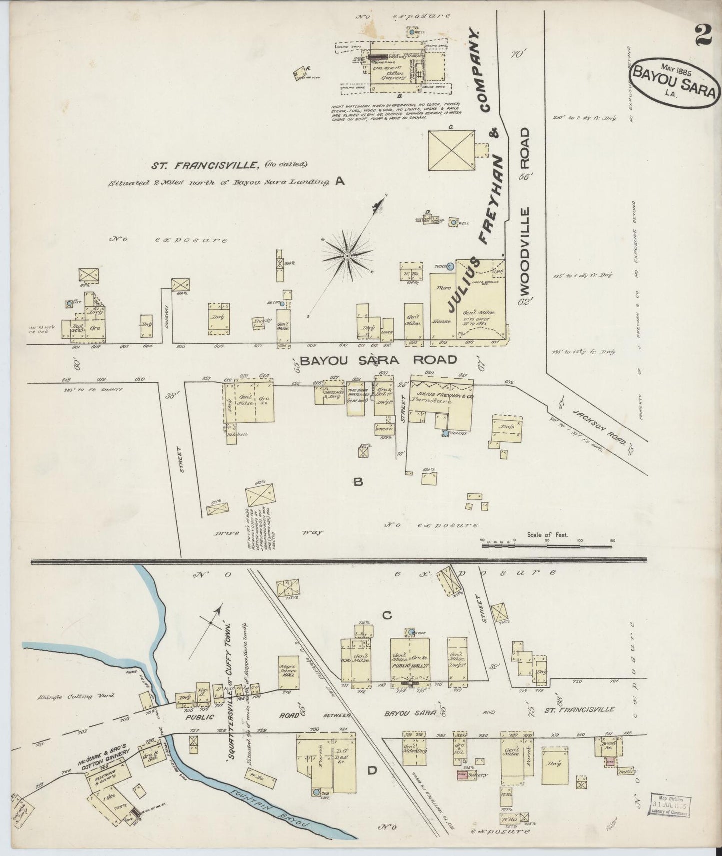 Sanborn Fire Insurance Map from Bayou Sara, West Feliciana Parish, Louisiana (1885), Sheet #0002 - Complete Map Set gallery image, historic Sanborn map, vintage wall art, Louisiana Louisiana