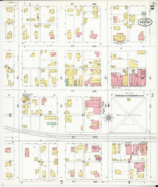 Sanborn Fire Insurance Map from Marion, Linn County, Iowa (1899), Sheet #0002 - Historic Sanborn Fire Insurance Map Print, vintage old map wall art