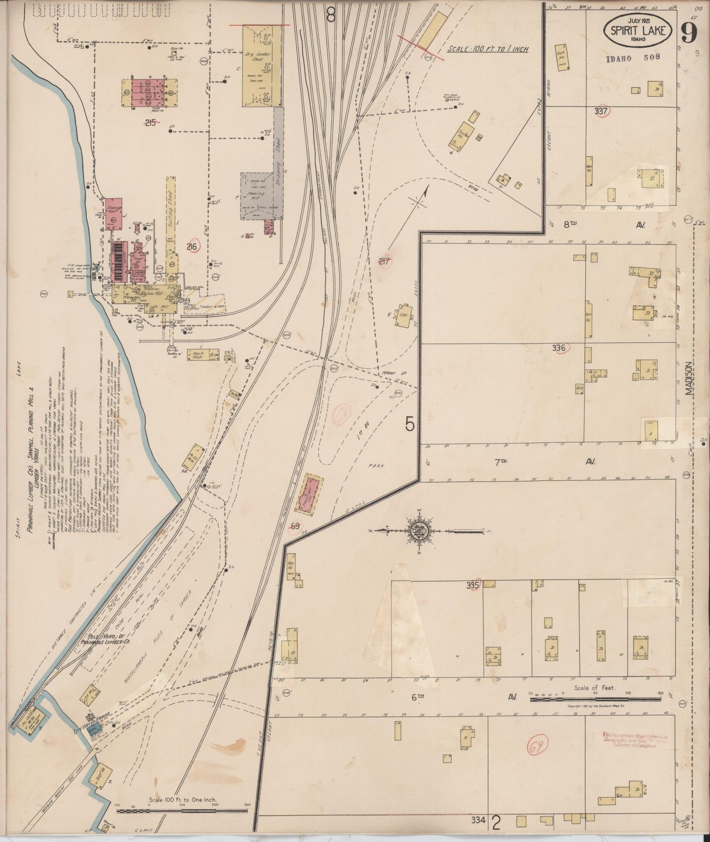 Sanborn Fire Insurance Map from Spirit Lake, Kootenai County, Idaho (1932), Sheet #0009 - Historic Sanborn Fire Insurance Map Print, vintage old map wall art, antique decor, genealogy gift, Idaho Idaho map