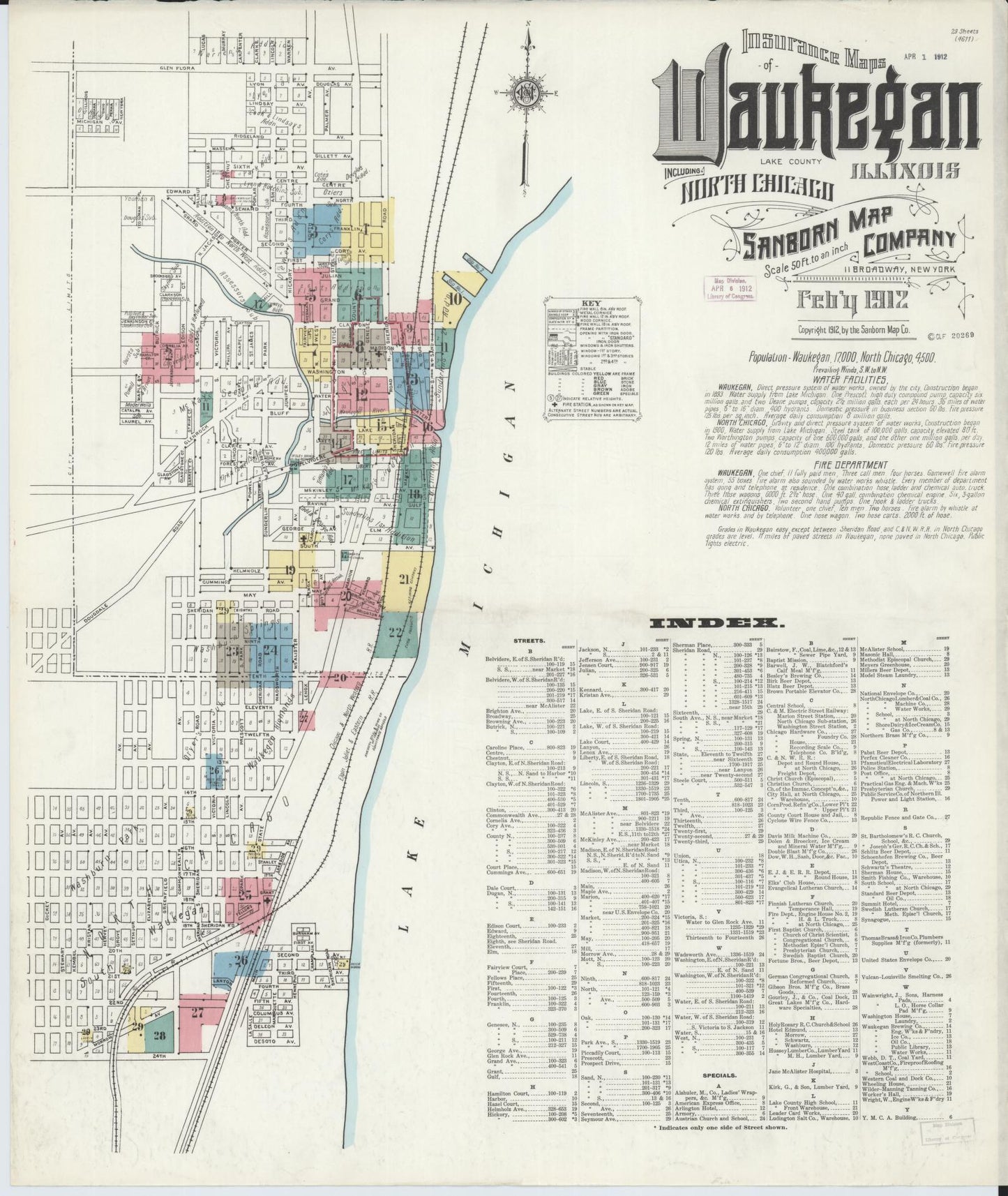 Sanborn Fire Insurance Map from Waukegan, Lake County, Illinois (1912), Sheet #0001 - Historic Sanborn Fire Insurance Map Print, vintage old map wall art, antique decor, genealogy gift, Illinois Illinois map