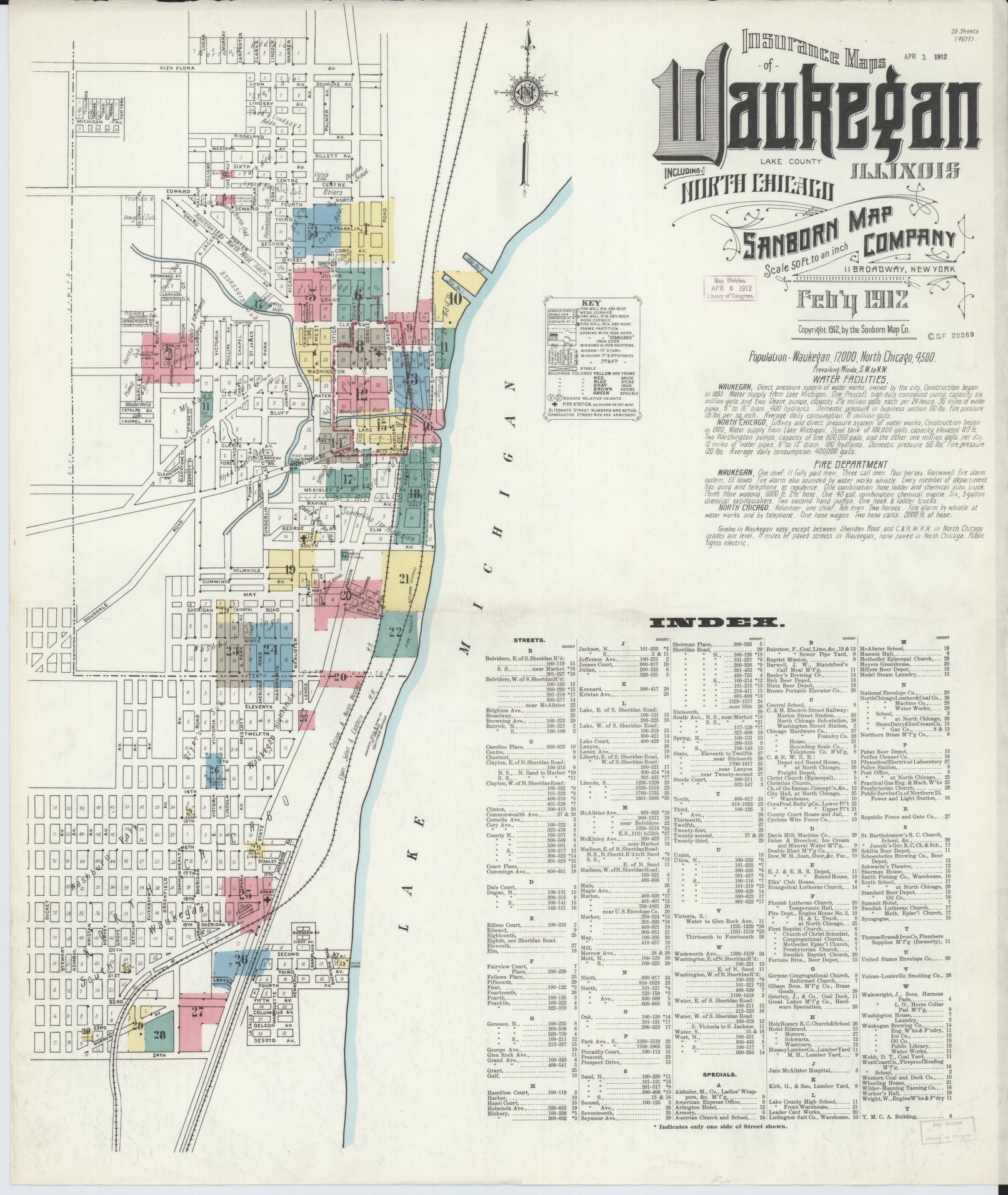 Sanborn Fire Insurance Map from Waukegan, Lake County, Illinois (1912), Sheet #0001 - Historic Sanborn Fire Insurance Map Print, vintage old map wall art, antique decor, genealogy gift, Illinois Illinois map
