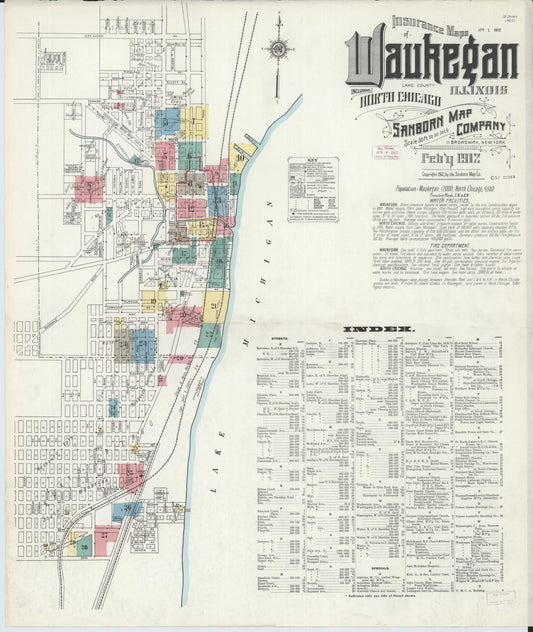 Sanborn Fire Insurance Map from Waukegan, Lake County, Illinois (1912), Sheet #0001 - Historic Sanborn Fire Insurance Map Print, vintage old map wall art, antique decor, genealogy gift, Illinois Illinois map