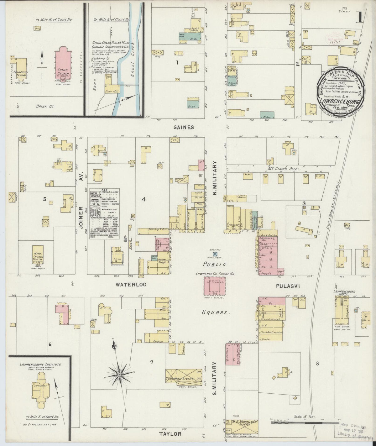 Sanborn Fire Insurance Map from Lawrenceburg, Lawrence County, Tennessee (1896), Sheet #0001 - Historic Sanborn Fire Insurance Map Print, vintage old map wall art, antique decor, genealogy gift, Tennessee Tennessee map