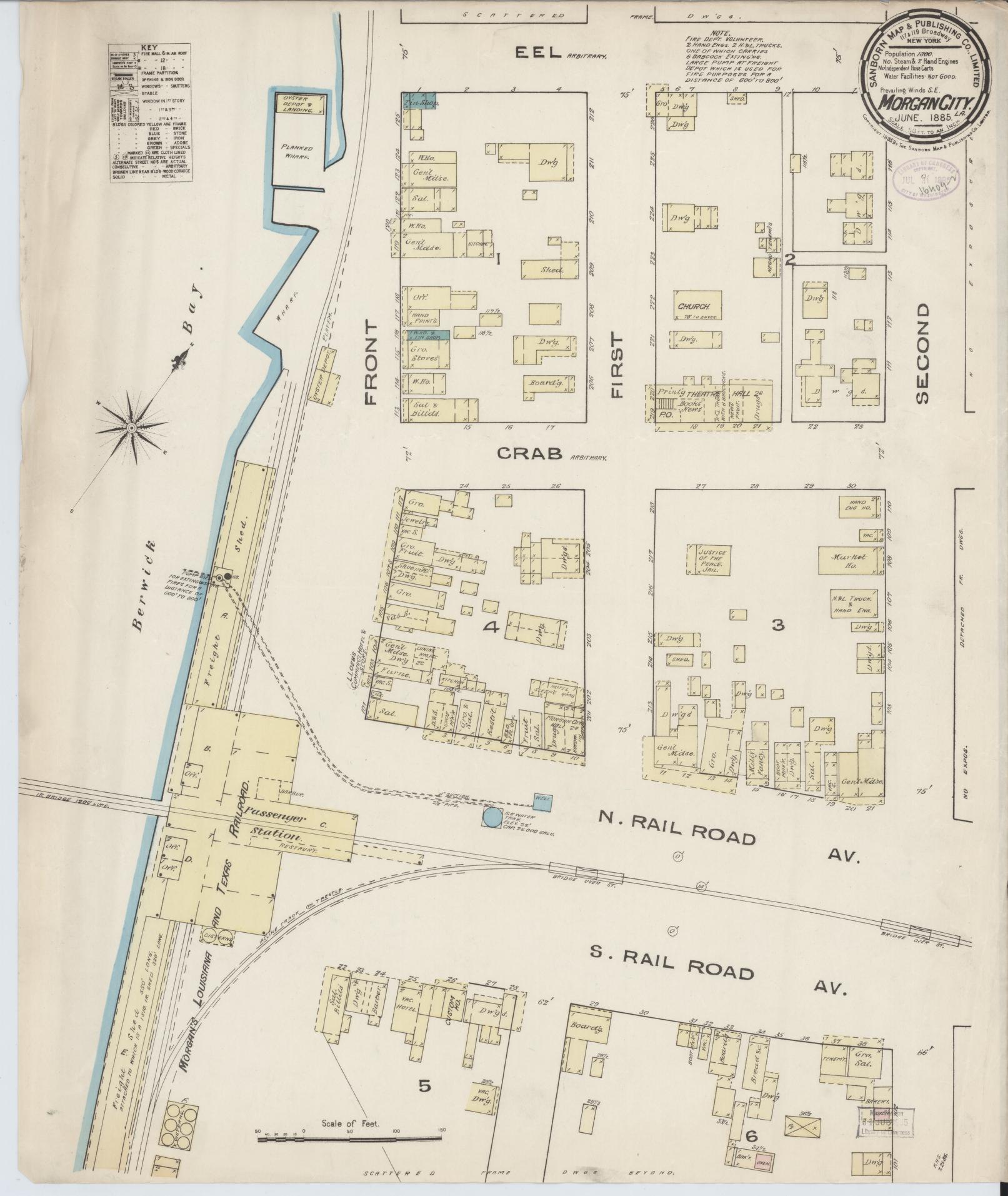 Sanborn Fire Insurance Map from Morgan City, Saint Mary Parish, Louisiana (1885), Sheet #0001 - Historic Sanborn Fire Insurance Map Print, vintage old map wall art, antique decor, genealogy gift, Louisiana Louisiana map
