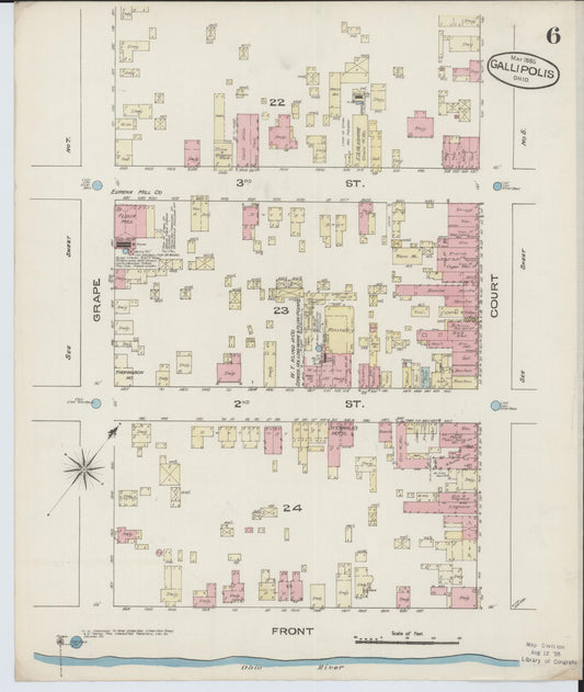 Sanborn Fire Insurance Map from Gallipolis, Gallia County, Ohio (1885), Sheet #0006 - Historic Sanborn Fire Insurance Map Print, vintage old map wall art, antique decor, genealogy gift, Ohio Ohio map