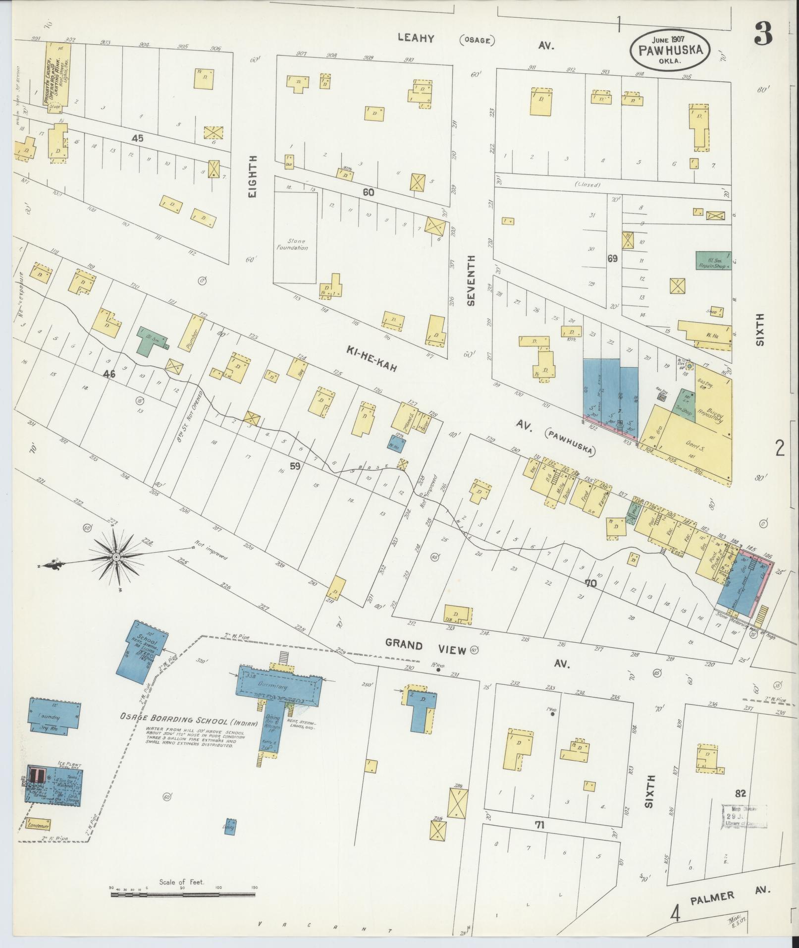 Sanborn Fire Insurance Map from Pawhuska, Osage County, Oklahoma (1907), Sheet #0003 - Complete Map Set gallery image, historic Sanborn map, vintage wall art, Oklahoma Oklahoma