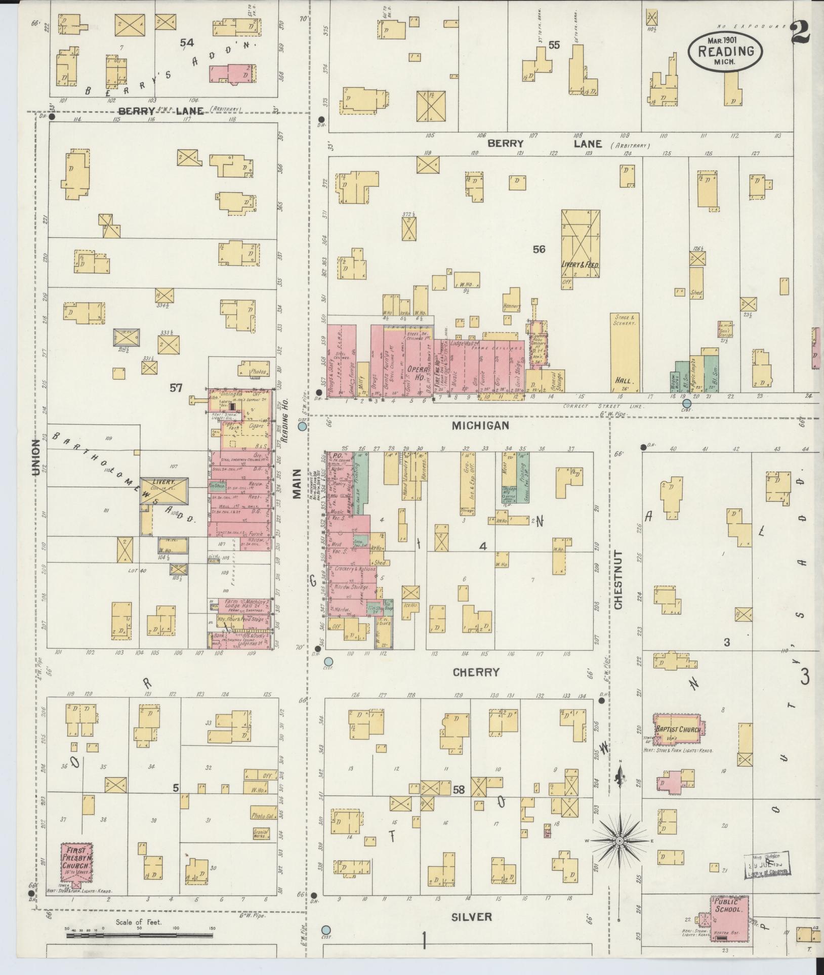 Sanborn Fire Insurance Map from Reading, Hillsdale County, Michigan (1901), Sheet #0002 - Complete Map Set gallery image, historic Sanborn map, vintage wall art, Michigan Michigan