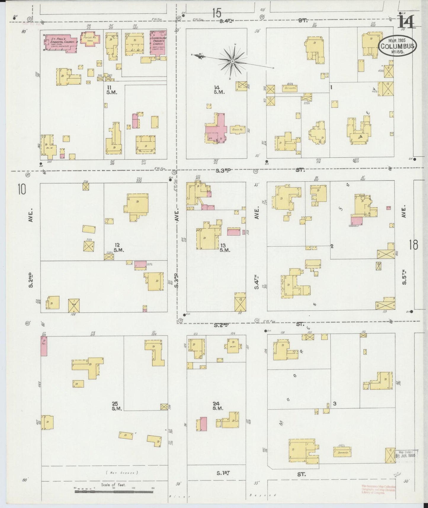 Sanborn Fire Insurance Map from Columbus, Lowndes County, Mississippi (1905), Sheet #0014 - Complete Map Set gallery image, historic Sanborn map, vintage wall art, Mississippi Mississippi