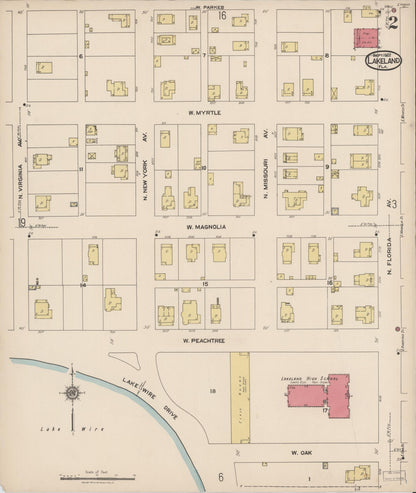 Sanborn Fire Insurance Map from Lakeland, Polk County, Florida (1922), Sheet #0002 - Historic Sanborn Fire Insurance Map Print, vintage old map wall art, antique decor, genealogy gift, Florida Florida map