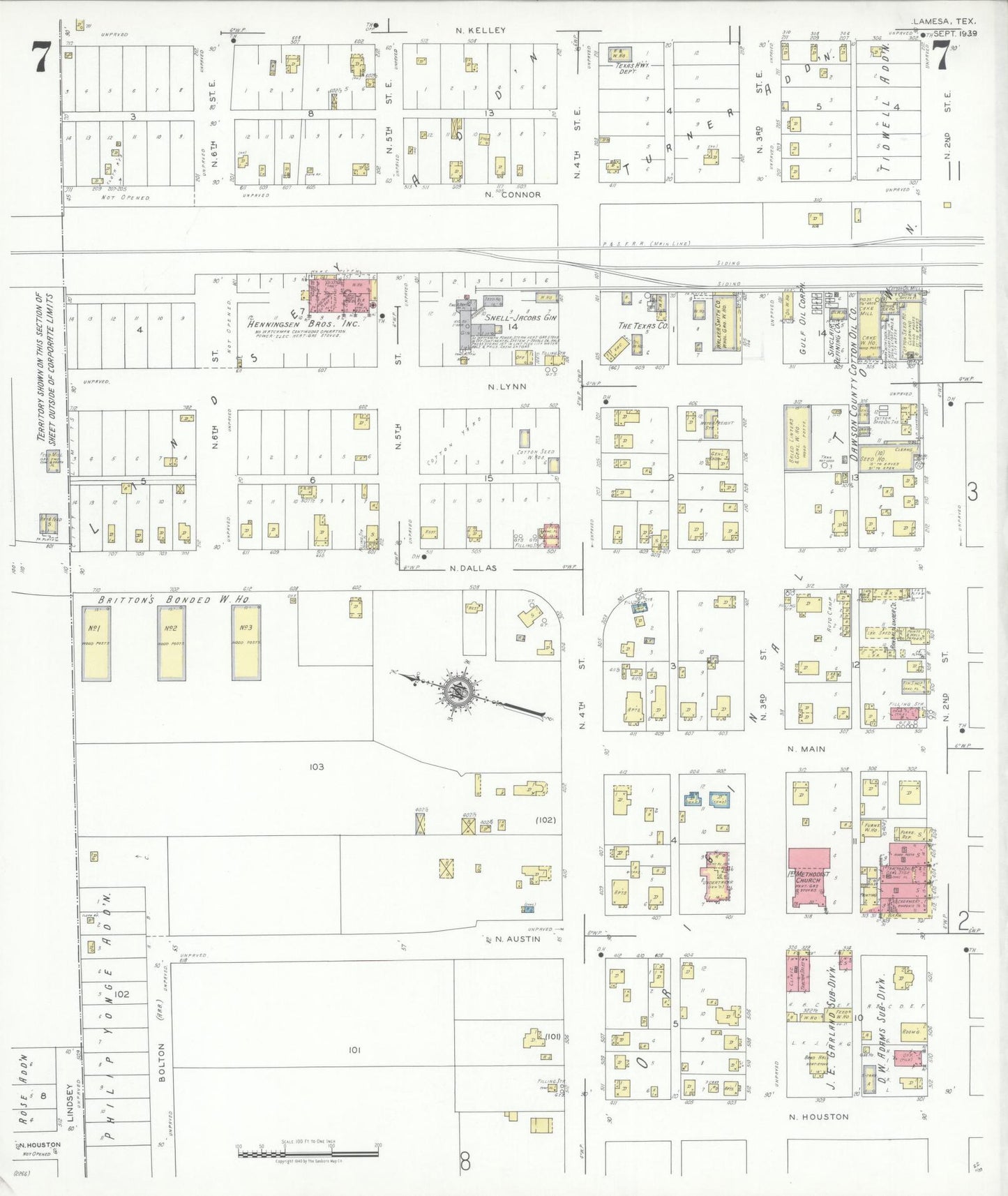 Sanborn Fire Insurance Map from Lamesa, Dawson County, Texas (1939), Sheet #0007 - Historic Sanborn Fire Insurance Map Print, vintage old map wall art, antique decor, genealogy gift, Texas Texas map