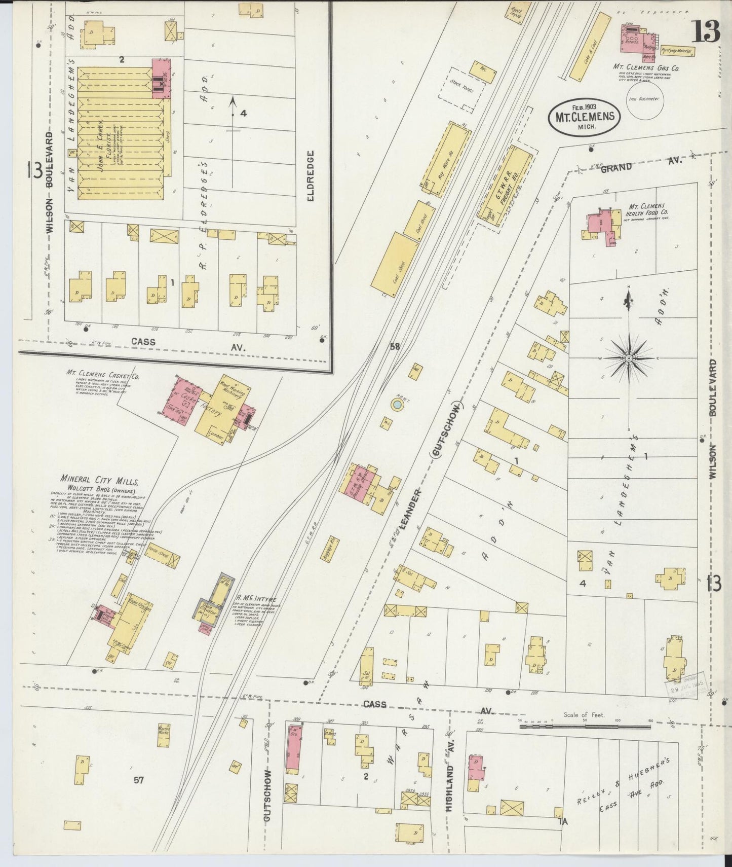 Sanborn Fire Insurance Map from Mount Clemens, Macomb County, Michigan (1903), Sheet #0013 - Historic Sanborn Fire Insurance Map Print, vintage old map wall art, antique decor, genealogy gift, Michigan Michigan map