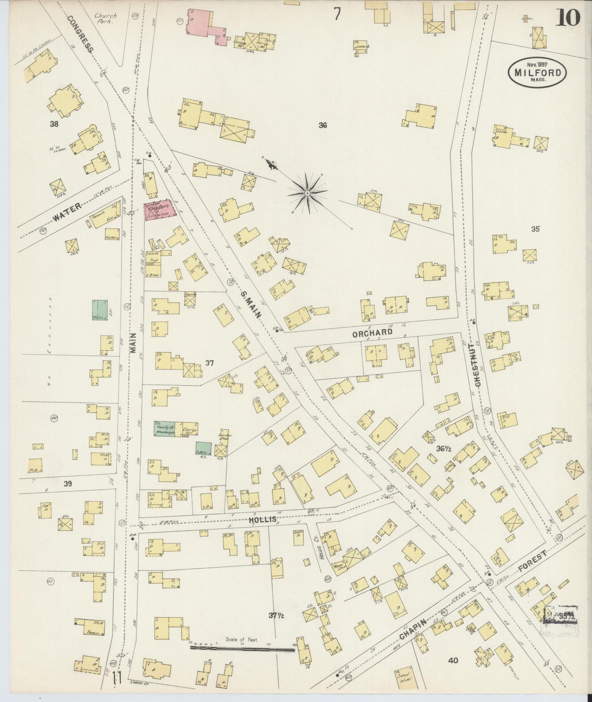Sanborn Fire Insurance Map from Milford, Worcester County, Massachusetts (1897), Sheet #0010 - Historic Sanborn Fire Insurance Map Print, vintage old map wall art, antique decor, genealogy gift, Massachusetts Massachusetts map