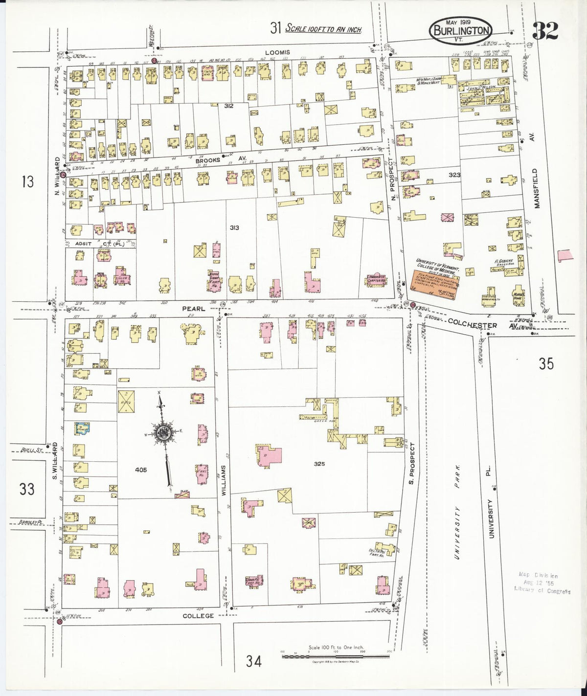Sanborn Fire Insurance Map from Burlington, Chittenden County, Vermont (1919), Sheet #0032 - Historic Sanborn Fire Insurance Map Print, vintage old map wall art, antique decor, genealogy gift, Vermont Vermont map