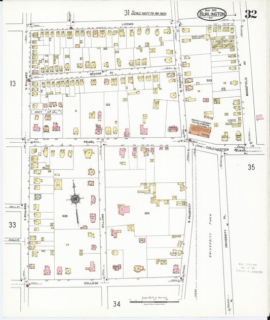 Sanborn Fire Insurance Map from Burlington, Chittenden County, Vermont (1919), Sheet #0032 - Historic Sanborn Fire Insurance Map Print, vintage old map wall art, antique decor, genealogy gift, Vermont Vermont map