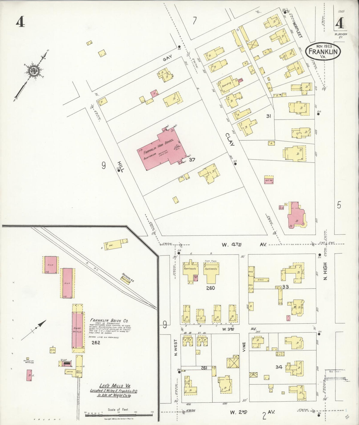 Sanborn Fire Insurance Map from Franklin, Independent Cities, Virginia (1923), Sheet #0004 - Historic Sanborn Fire Insurance Map Print, vintage old map wall art, antique decor, genealogy gift, Virginia Virginia map