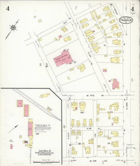 Sanborn Fire Insurance Map from Franklin, Independent Cities, Virginia (1923), Sheet #0004 - Historic Sanborn Fire Insurance Map Print, vintage old map wall art, antique decor, genealogy gift, Virginia Virginia map