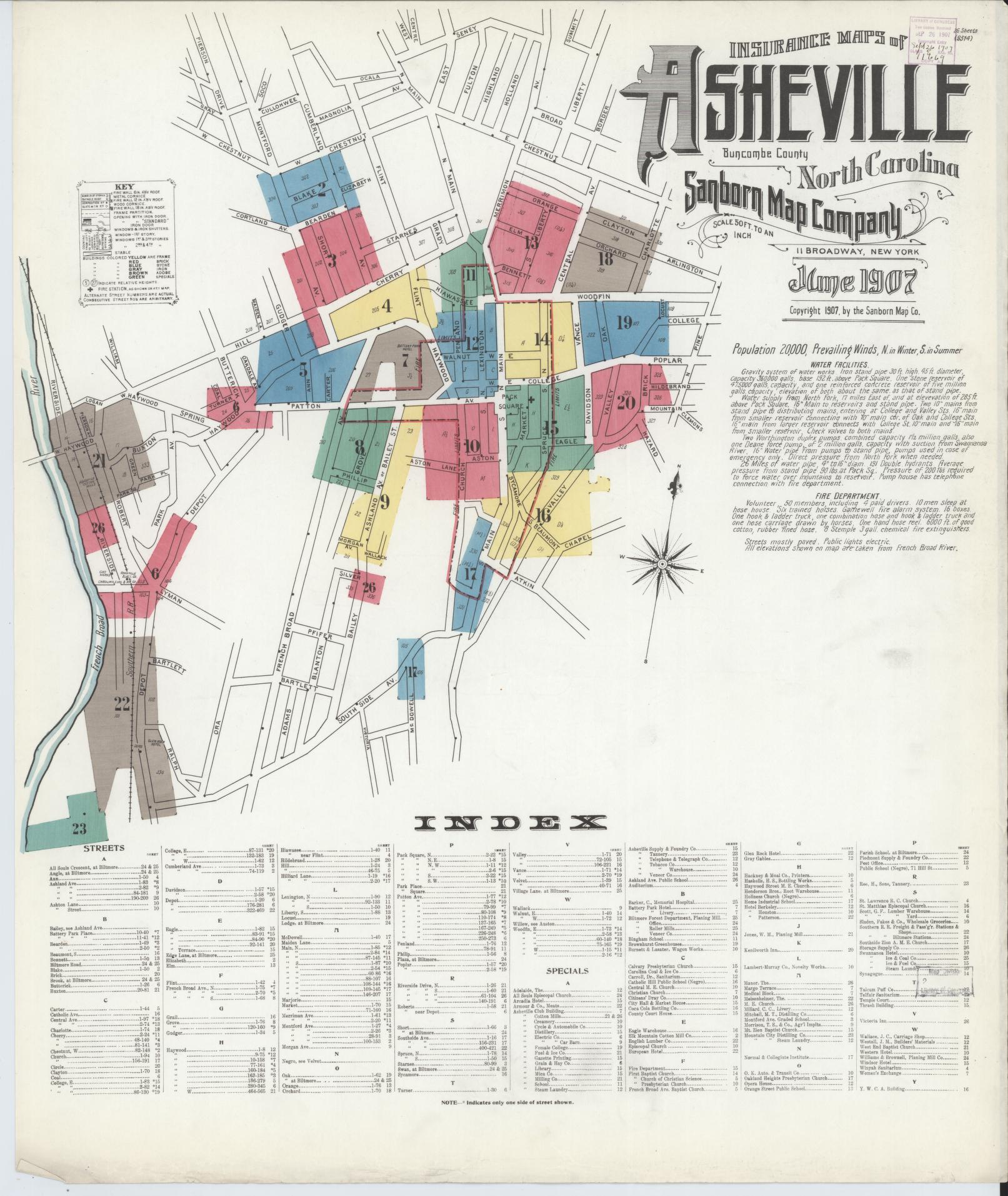 Sanborn Fire Insurance Map from Asheville, Buncombe County, North Carolina (1907), Sheet #0001 - Complete Map Set gallery image, historic Sanborn map, vintage wall art, North Carolina North Carolina