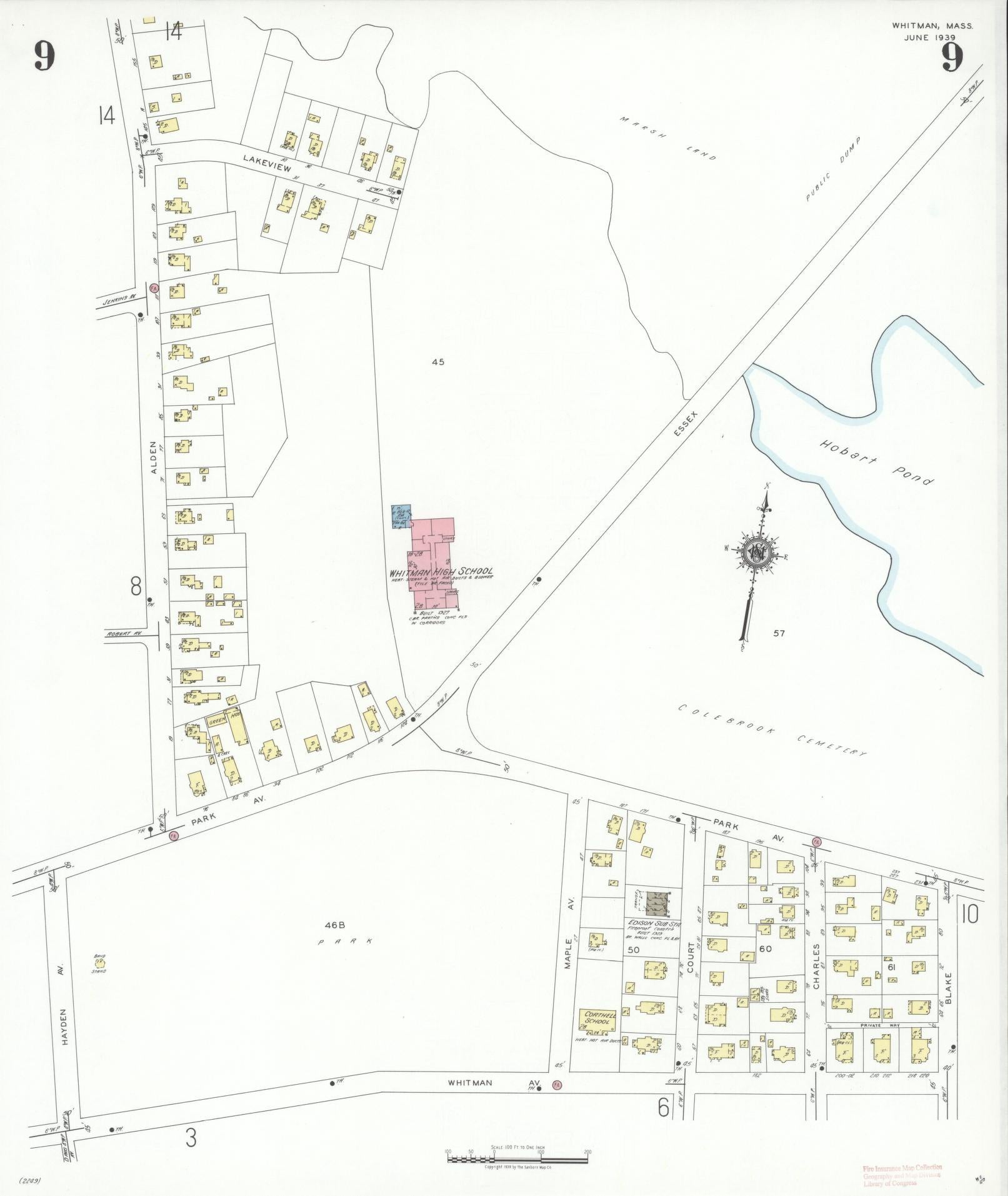 Sanborn Fire Insurance Map from Whitman, Plymouth County, Massachusetts (1939), Sheet #0009 - Complete Map Set gallery image, historic Sanborn map, vintage wall art, Massachusetts Massachusetts