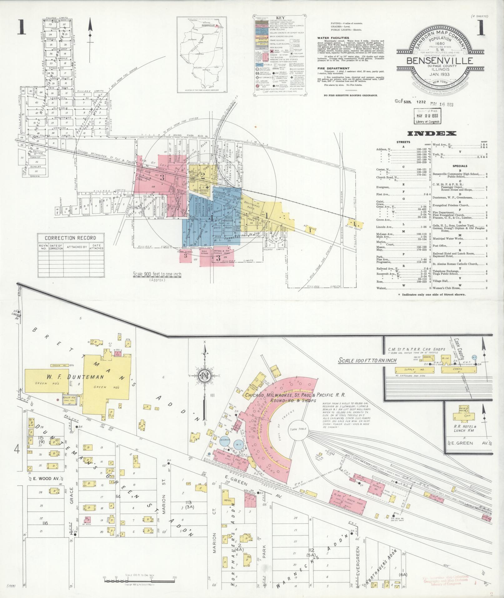 Sanborn Fire Insurance Map from Bensenville, Dupage County, Illinois (1933), Sheet #0001 - Historic Sanborn Fire Insurance Map Print, vintage old map wall art, antique decor, genealogy gift, Illinois Illinois map