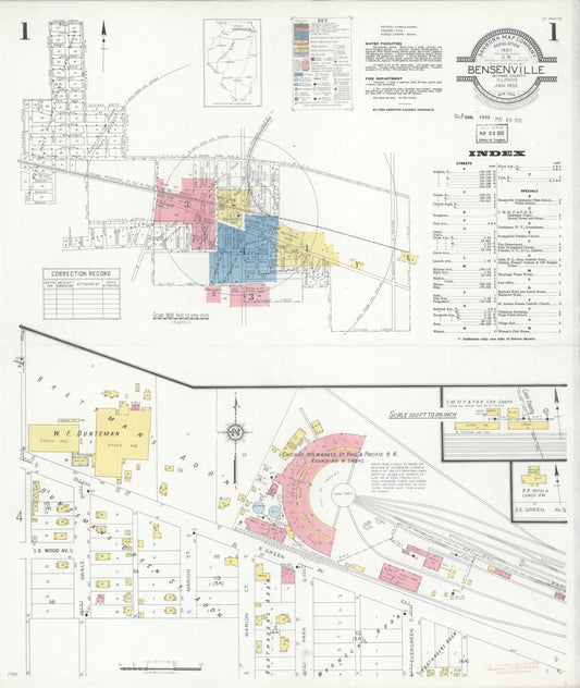 Sanborn Fire Insurance Map from Bensenville, Dupage County, Illinois (1933), Sheet #0001 - Historic Sanborn Fire Insurance Map Print, vintage old map wall art, antique decor, genealogy gift, Illinois Illinois map