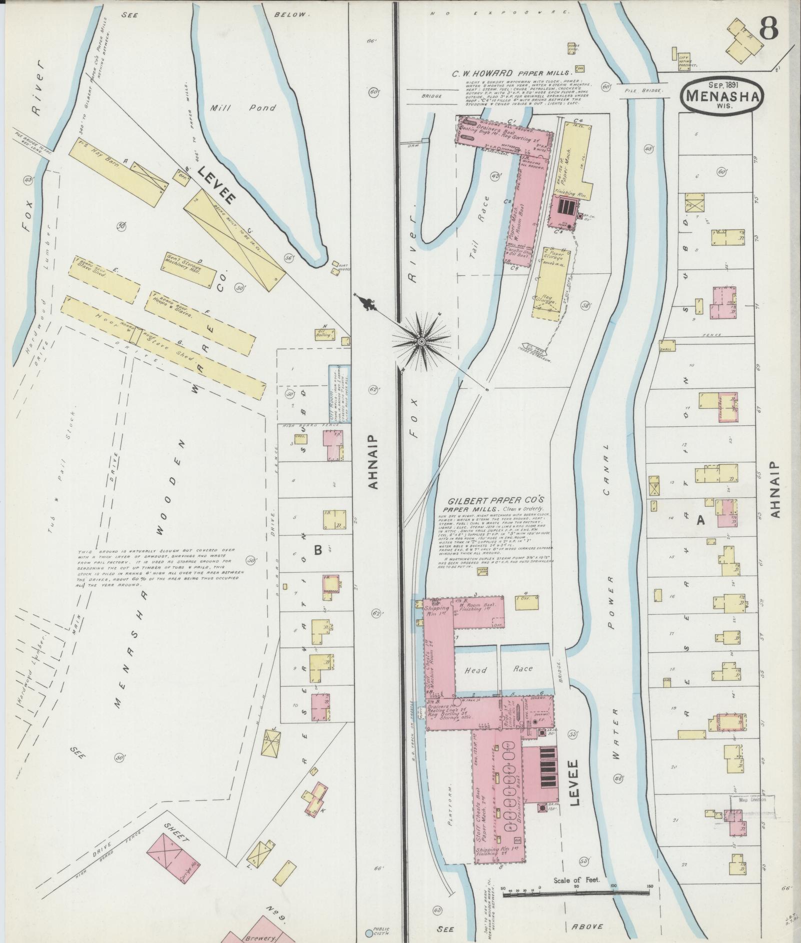 Sanborn Fire Insurance Map from Menasha, Winnebago County, Wisconsin (1891), Sheet #0008 - Historic Sanborn Fire Insurance Map Print, vintage old map wall art, antique decor, genealogy gift, Wisconsin Wisconsin map