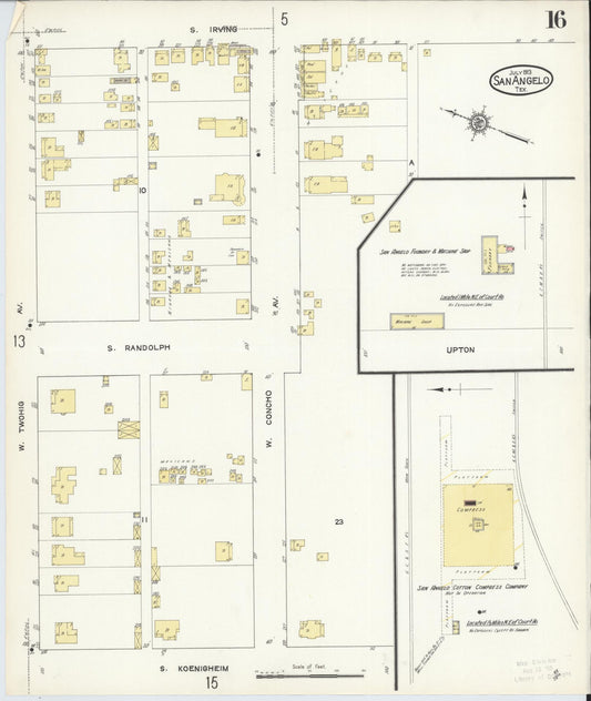 Sanborn Fire Insurance Map from San Angelo, Tom Green County, Texas (1913), Sheet #0016 - Historic Sanborn Fire Insurance Map Print, vintage old map wall art, antique decor, genealogy gift, Texas Texas map