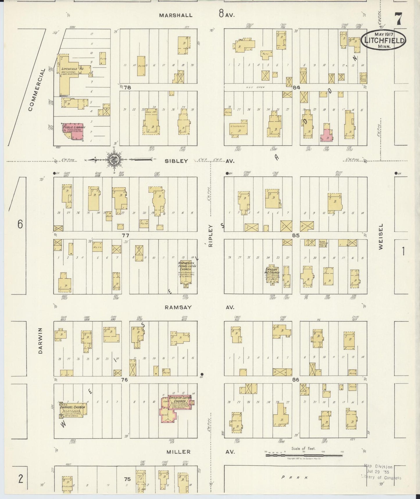 Sanborn Fire Insurance Map from Litchfield, Meeker County, Minnesota (1917), Sheet #0007 - Historic Sanborn Fire Insurance Map Print, vintage old map wall art, antique decor, genealogy gift, Minnesota Minnesota map