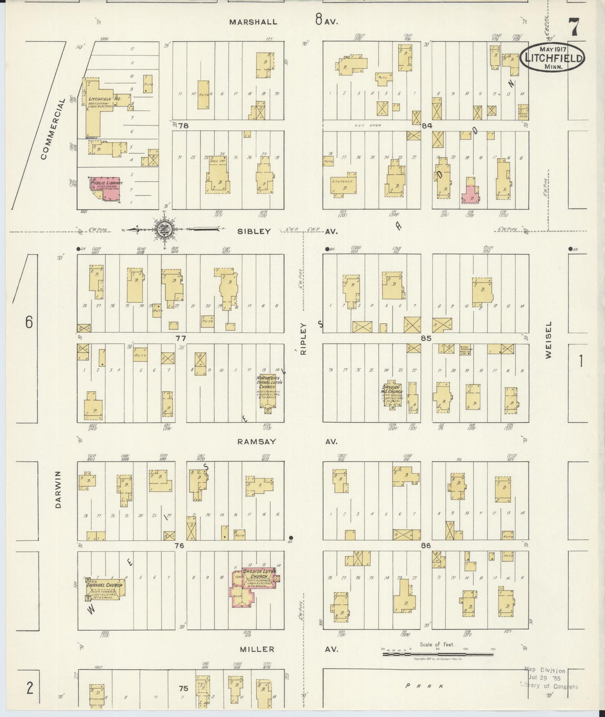 Sanborn Fire Insurance Map from Litchfield, Meeker County, Minnesota (1917), Sheet #0007 - Historic Sanborn Fire Insurance Map Print, vintage old map wall art, antique decor, genealogy gift, Minnesota Minnesota map