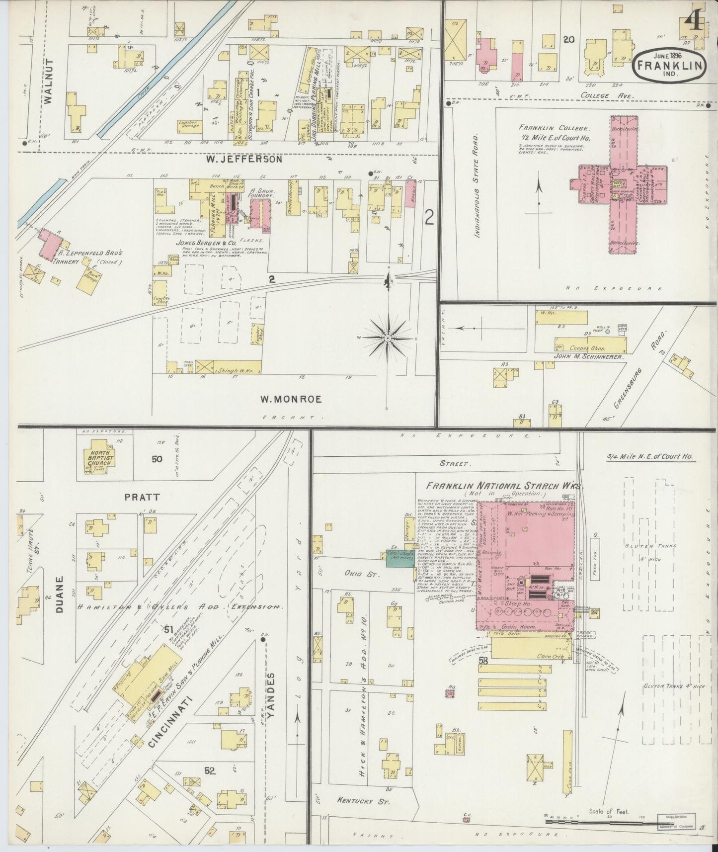 Sanborn Fire Insurance Map from Franklin, Johnson County, Indiana (1896), Sheet #0004 - Historic Sanborn Fire Insurance Map Print, vintage old map wall art, antique decor, genealogy gift, Indiana Indiana map